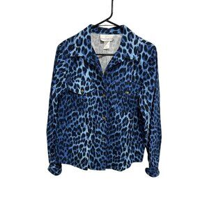 Susan Graver Shirt Small Blue Leopard Print Long Sleeve Cotton Stretch Career